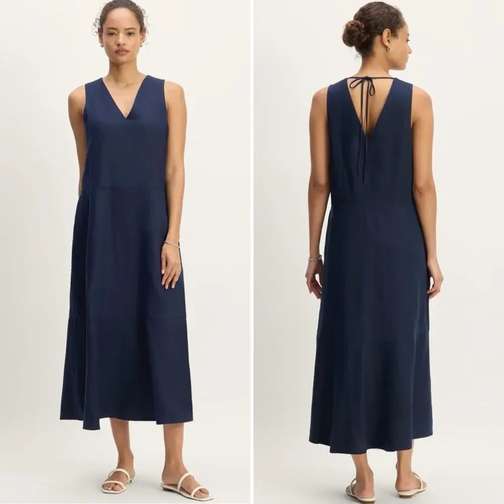 Everlane Navy Linen V-Neck Maxi Dress Large Sleeveless Summer Resort Minimalist